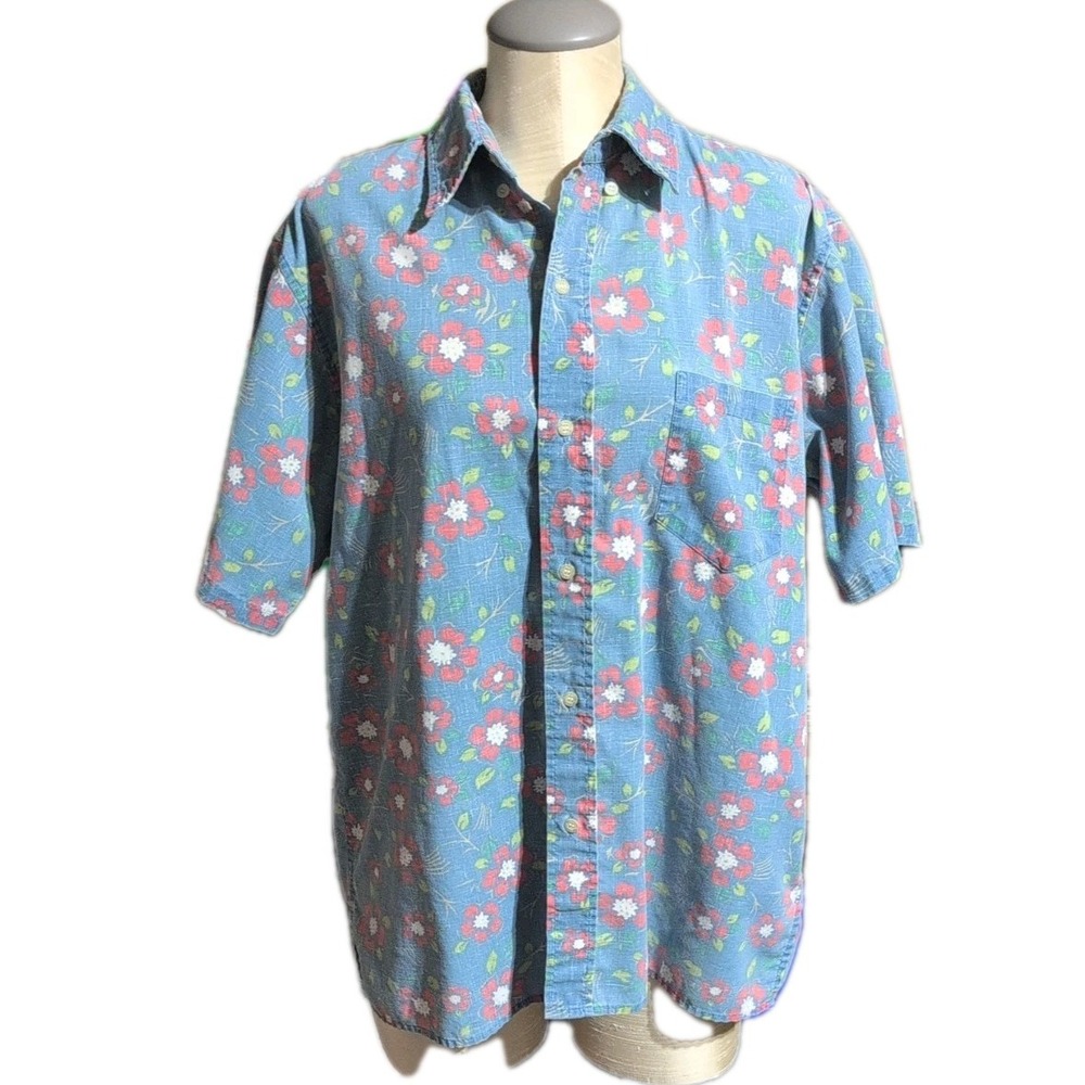 Reyn Spooner Hawaiian Shirt Mens Large Reverse Print Blue W/ Hibiscus Flowers